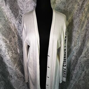 Karl Lagerfeld Long White Cardigan Sweater with Black Sleeve Signature